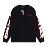 Cotton V-Neck Bones Cardigan Sweater Black