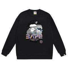 Ape Head Flying Saucer Laser Letter Pattern Print Sweatshirt